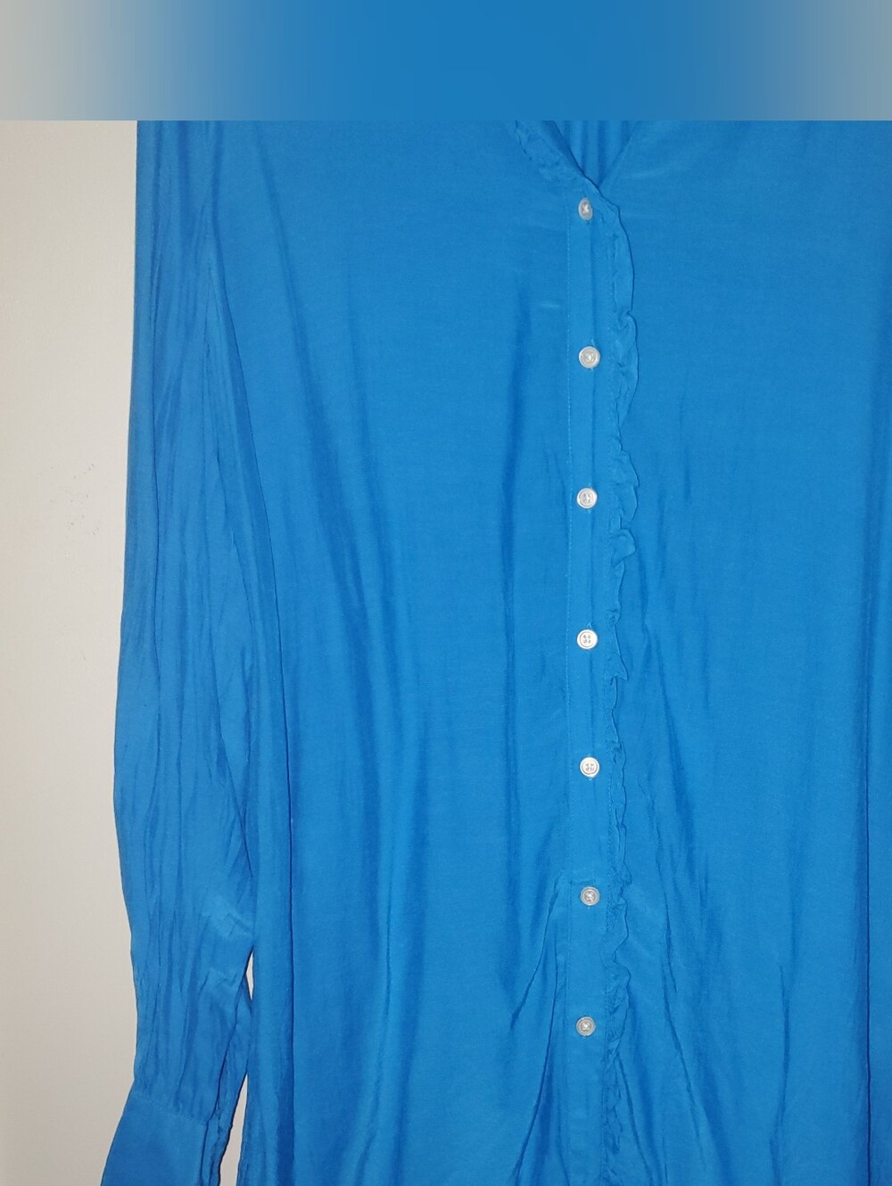 Bright Blue Ruffle-Trim Button Front Women's Top - Picture 5 of 5